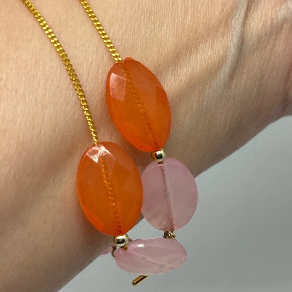 Two Strand Gemstone Bracelet Gold Tone Orange Pink‎ Faceted Beaded Toggle Clasp